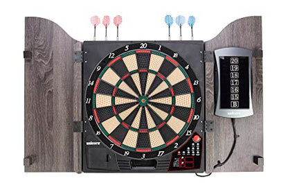 Unicorn Vanquish Dartboard Cabinet Set - Easy-Read Backlit Display - Virtual Opponent Gameplay - 28 Games with 271 Variations - in-Game Sound Effects - Stylish Wooden Cabine