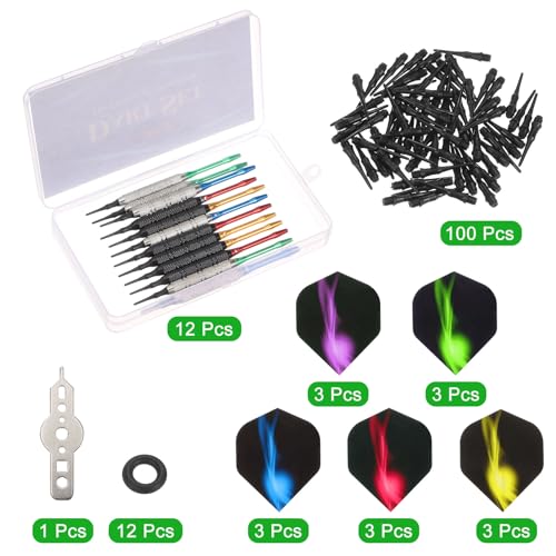 PATIKIL Darts Plastic Tip Soft Tip Darts Set - 12 Pcs 18 Gram with Tip Darts 100 Extra Dart Tips 15 Dart Flights Plastic O-Rings & Wrench with Dart Case for Electronic Dartboard