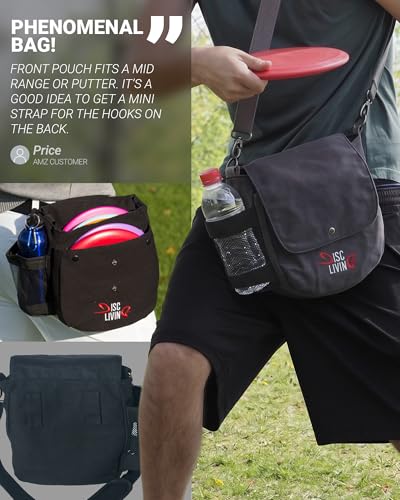 Disc Golf Bag | Frisbee Golf Bag | Easy to Carry | Lightweight Fits Up to 10 Discs | 16 oz Waxed Canvas Sturdy Design | Belt Loop | Double Button Design | Bottle Holder - style: Waxed Canvas - Grey