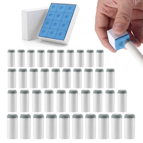 Hungdao 52 Pcs Pool Stick Accessories Set, 12 Cubes Blue Pool Cue Chalk and 40 Pcs Slip on Billiard Cue Tips Replacement Kit 4 Sizes 9mm 10mm 12mm 13mm for Clubs Bars Home Practice