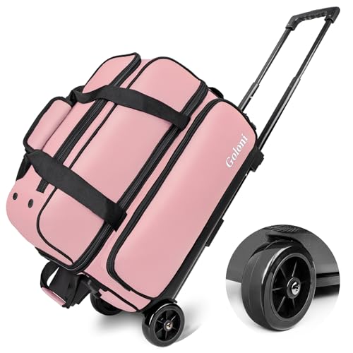 Goloni Double Roller 2 Ball Bowling Bag with Separate Shoe Compartment,2 Ball Bowling Bag with Wheels,Retractable Handle Extends to 40" - color: Meat pink