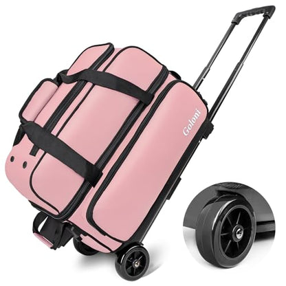 Goloni Double Roller 2 Ball Bowling Bag with Separate Shoe Compartment,2 Ball Bowling Bag with Wheels,Retractable Handle Extends to 40" - color: Meat pink
