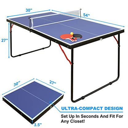 Foldable Ping Pong Table, 4.5FT Professional Indoor/Outdoor Table Tennis Tables, Portable Ping Pong Tables with Net, 2 Tennis Paddles and 3 Balls, Pre-Assembled, 54 x 30x27 Inch