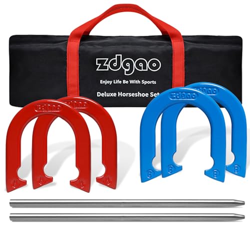 Horseshoes Outside Game Set-Portable Outdoor Horseshoe Set Includes 4 Professional Solid Steel Horseshoes with Solid Steel Stakes & Carrying Bag, Perfect for Backyard and Beach - color: Red & Blue 24"
