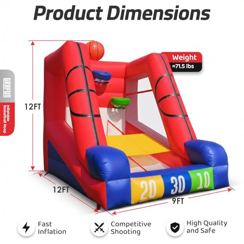 12Ft Inflatable Basketball Challenge Game, Commercial Grade PVC Basketball Game with 3 Balls & Air Blower, Multi-Player Inflatable Carnival Game for Outdoor Fun, Home & Rental Use - style: Basketball