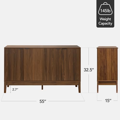Best Choice Products 55" Modern 4-Door Sideboard Storage Cabinet, Buffet, Media Cabinet, Cupboard, Entryway Accent Table, Bookcase w/Reed Panels and Adjustable Shelves – Walnut - color: Walnut