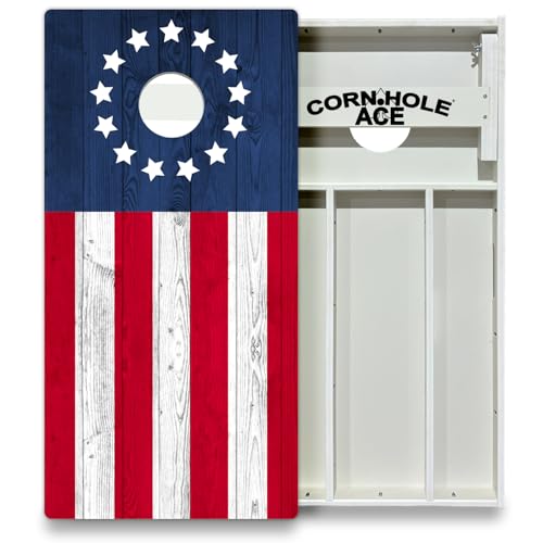 CornholeAce American Flag Series All Weather Pro Cornhole Board Set - Waterproof 4x2 Regulation Size, Made in USA, Triple Wide Legs, 3/4" PVC, Tournament Boards, Rainproof Outdoor Set (2 Boards) - color: Betsy Ross Flag