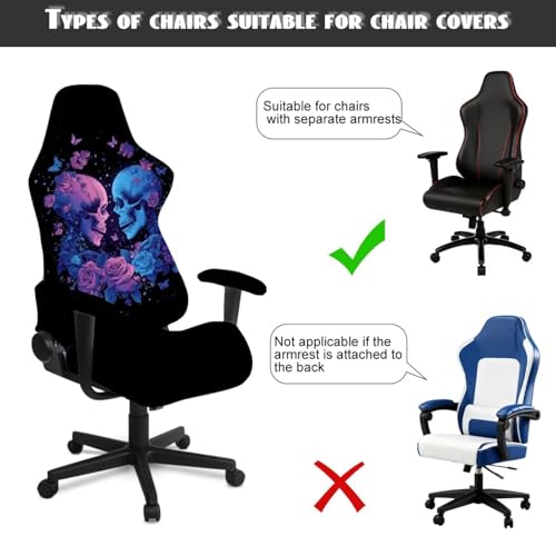 Skeleton Print Computer & Gaming Chair Slipcover Rose Butterfly Print Game Chair Cover with Armrest Covers Easy to Install Universal Fit Office Desk & Racing Computer Gamer Chairs - color: Black - Skeleton Rose Butterfly