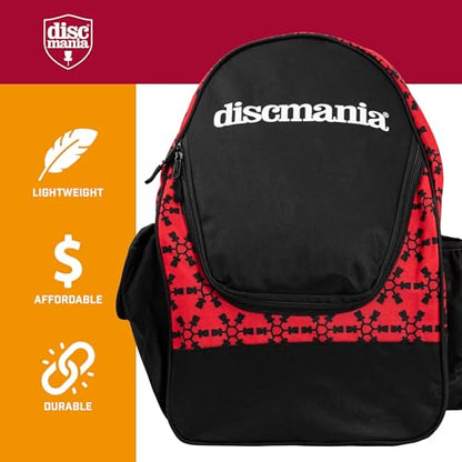 Discmania Fanatic Go Disc Golf Backpack | 18 Capacity + Top Pocket for 2 Putters | Lightweight, Durable Disc Golf Bag | Tall Side Pocket, Bottle Holder | Padded Straps & Water-Resistant Shell - color: Red