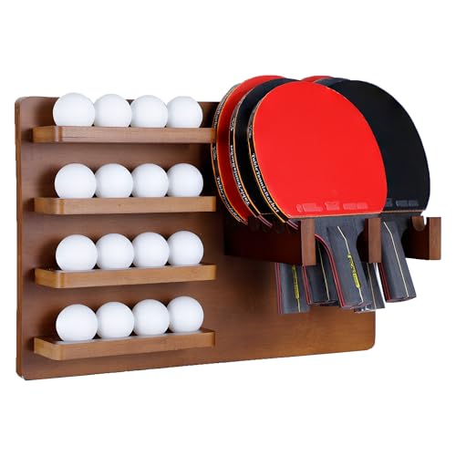 Premium Bamboo Ping Pong Paddle Holder (Rack Only) - Wall Mounted 6-Paddle & 16-Ball Display Stand - Table Tennis Organizer for Home & Office - Paddles and Balls NOT Included