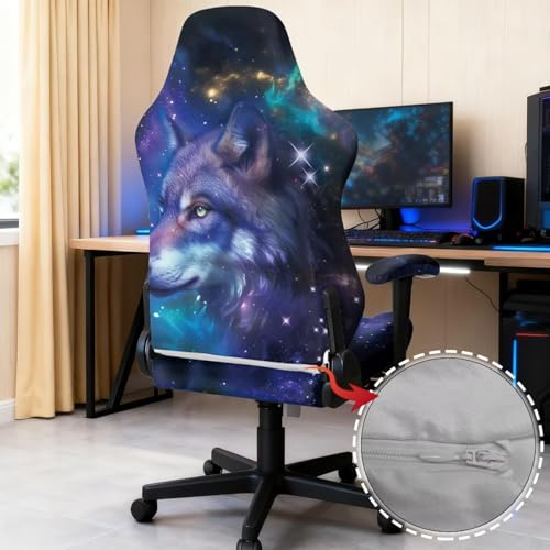 Suobstales Galaxy Wolf Pattern Game Chair Cover with 1 Pair Armrest Cover, Anti-Scratch Protection Rotating Chair Slipcovers, Stretchy Covers for Racing Gaming Chair - color: Galaxy Wolf