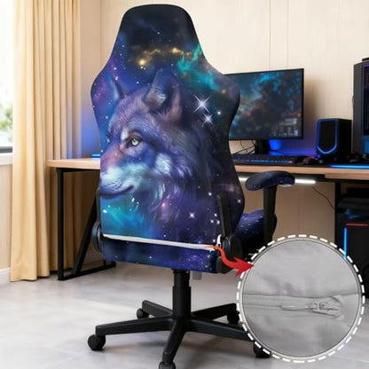 Suobstales Galaxy Wolf Pattern Game Chair Cover with 1 Pair Armrest Cover, Anti-Scratch Protection Rotating Chair Slipcovers, Stretchy Covers for Racing Gaming Chair - color: Galaxy Wolf