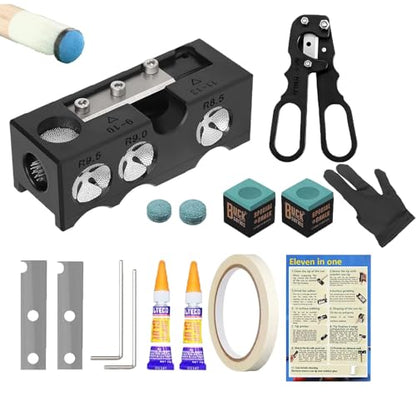 11-in-1 Pool Cue Tip Shaper, 14pcs Pool Cue Tips Replacement and Repair Kit, Pool Table Accessories for Replacement and Shaping Cue Tips ,Professional Cue Stick Tool Kit for Billiards Enthusiastsm