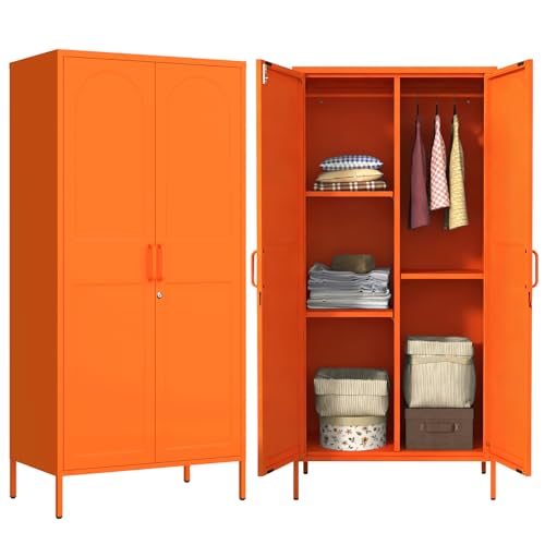 67" Industrial Lockable Metal 2-Door Wardrobe Storage Cabinet with Hanging Rod & Adjustable Shelves, Heavy Duty Multipurpose for Bedroom, Garage, Home Office, Orange 67" H X 31.5" W X 18.1" D - color: Sunlight, style: Wardrobe-67"H-YX