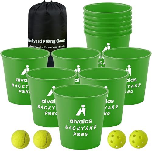 Aivalas Yard Pong Outdoor Games, Giant Yard Games Set with 12 Buckets and Balls for Adults and Family, Toss Game Throwing Games for Beach, Camping, Lawn and Backyard - color: Green