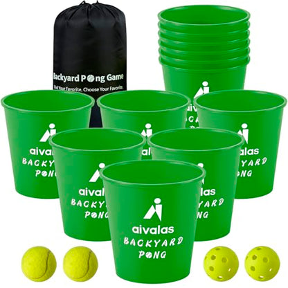 Aivalas Yard Pong Outdoor Games, Giant Yard Games Set with 12 Buckets and Balls for Adults and Family, Toss Game Throwing Games for Beach, Camping, Lawn and Backyard - color: Green