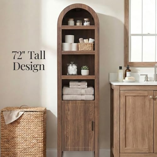 Best Choice Products 72" Tall Narrow Arched Pantry Cabinet w/Reeded Door, 4-Tier Bookshelf, Armoire, Hutch, Bookcase, Storage Cabinet w/Adjustable Shelves, for Dining Room and Livingroom - Walnut - color: Narrow - Walnut