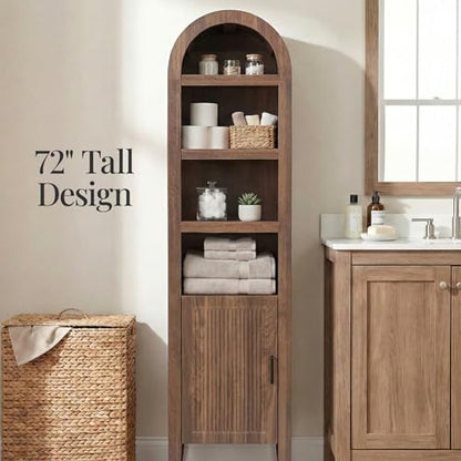 Best Choice Products 72" Tall Narrow Arched Pantry Cabinet w/Reeded Door, 4-Tier Bookshelf, Armoire, Hutch, Bookcase, Storage Cabinet w/Adjustable Shelves, for Dining Room and Livingroom - Walnut - color: Narrow - Walnut