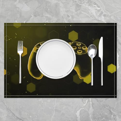Erosebridal Boys Gaming 4 PCS of Placemats 12x18 Joystick Place Mat for Dining Table Hexagon Spots Non Slip Table Mats Yellow Modern Honeycomb - color: Yellow