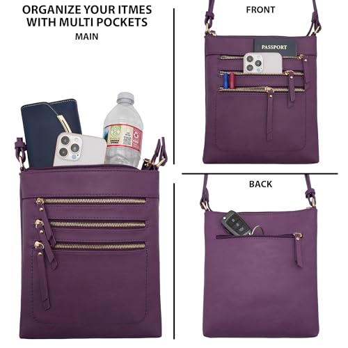 Solene Crossbody Bag Functional Multi Pocket Messenger Purse Top Zip Closure Shoulder Handbag With Adjustable Strap - color: Purple