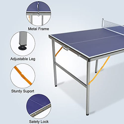 4 ft/5 ft/6 ft Table Tennis Table Ping-Pong Tables Set - 100% Preassembled Foldable & Portable Tables with All-Weather Aluminum Composite Frame & Removable Net for Outdoor/Indoor - size: 6 FT