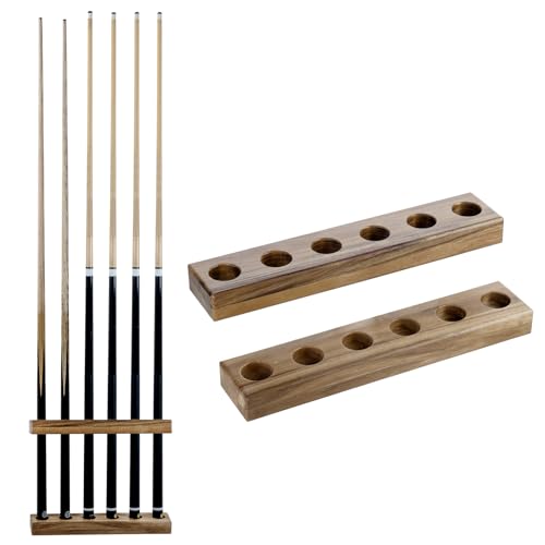 MyGift Premium Solid Acacia Wood Wall Mounted Billiard Cue Stick Rack, Rustic Wooden Pool Hall Accessories Holder Shelf, Billiards Parlor Hanger for 6 Cues