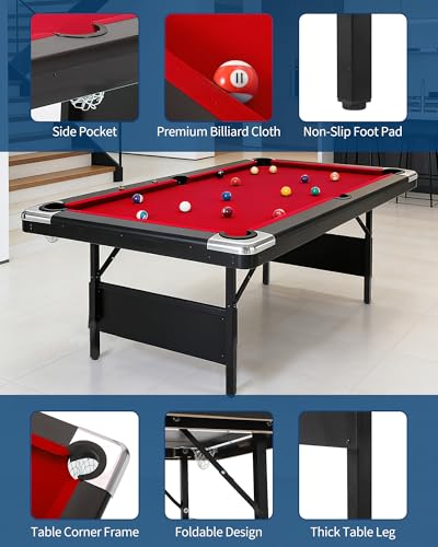GarveeLife 7 Foot Pool Table, Portable Billiards Tables, Folding Pool Table Includes Full Set of Billiard Balls, 2 Cue Sticks, Chalk & Felt Brush for Family Game Room - color: Red
