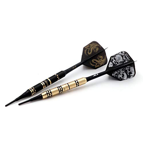 CUESOUL Jazz - Soft Tip Darts Set 19 Grams with 6pcs AK5 Plastic Integrated Flights & 36pcs Plastic Tips for Electronic Dart Board - color: Black Dragon + Black Skull
