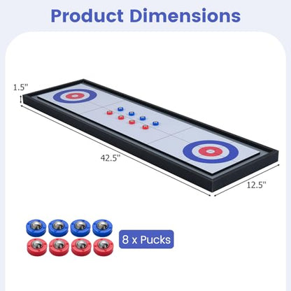 Goplus Shuffleboard and Curling 2 in 1 Board Game, Portable 2 Sided Tabletop Shuffle Board Game with 8 Rolling Pucks, Wooden Shuffleboard and Curling Combo Game Set for Adults