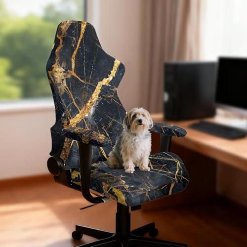 Black Gold Marble Texture Print 4 Pieces Gaming Chair Covers for Cats Breathable Rotating Gaming Chair Protector Computer Chair Seat Slipcovers with Armrest Covers - color: Black Gold Marble Texture