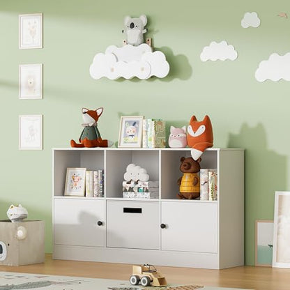 Housoul Cube Bookcase with 2 Doors, 6-Cube Wooden Bookshelf with Fabric Drawer, 2-Tier Floor Standing Display Cabinet Organizer, Kids Open Shelf Low Bookcase for Living Room, Bedroom, Office, White