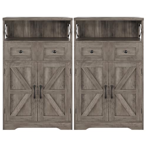 Befrases Set of 2 Farmhouse Storage Cabinet with Drawers and Shelf, Freestanding Kitchen Pantry Storage Cabinet, Floor Hutch Cupboard for Kitchen, Living Room, Home Office, Rustic Grey - color: Rustic Grey, size: 2 Pack