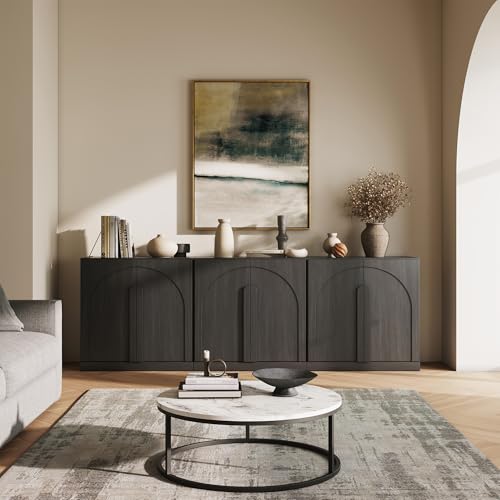 BELLEZE 3-Piece Modular Bookshelf Set, 94" Modern Display Bookcase with Arched Wood Doors, 2-Tier Storage Cabinet with Adjustable Shelves for Living Room Office Entryway (Ebony) - color: Bijou Ebony B, size: 3