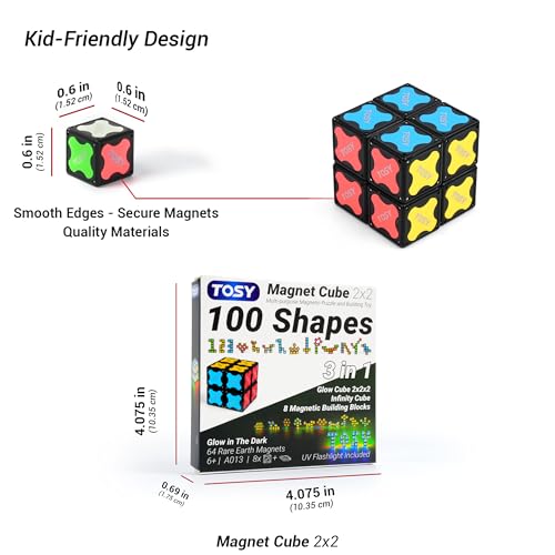TOSY Magnet Cube 2x2 - 8 Blocks, 2in1 Toy: 2x2x2 Puzzle Cube and Customizable Infinity Cube, Easter Basket Stuffers Gifts for Kids/Grandkids, Glowing with UV Flashlight, Sensory/STEM Toy - color: Cube 2x2 (Single)