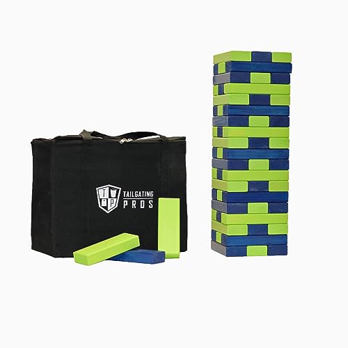 Tailgating Pros Giant Toppling Towers Wooden Blocks Game with Tote Jumbo Indoor Outdoor Yard & Backyard Lawn Game for Family & Adults, Portable Party & Team Building Fun - color: Navy/Lime