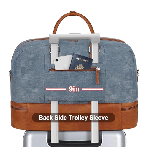 Weekender Bag for Women, Large Overnight Bag Canvas Travel Duffel Bag Carry On Tote with Shoe Compartment 21" 3Pcs Set - color: A13-brown+blue