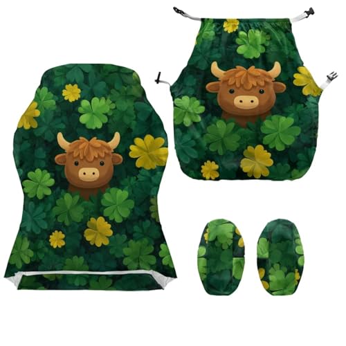 Suobstales Highland Cattle Shamrock Pattern Gaming Chair Covers Slipcovers Stretch Gamer Chair Cover with Armrest Covers Waterproof Fabric Non-Slip Universal Fit Rotating Gaming Chair Protector - color: Highland Cattle Shamrock