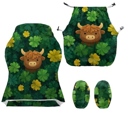 Suobstales Highland Cattle Shamrock Pattern Gaming Chair Covers Slipcovers Stretch Gamer Chair Cover with Armrest Covers Waterproof Fabric Non-Slip Universal Fit Rotating Gaming Chair Protector - color: Highland Cattle Shamrock
