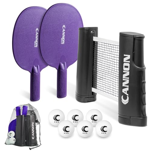 Cannon Sports Table Tennis Set – 2 Unbreakable Paddles, 6 3-Star Balls, Retractable Net & Carry Bag – Clamp-On Portable Ping Pong Net Fits Tables up to 2 Inch Thick, Extends to 6 Feet - color: Purple