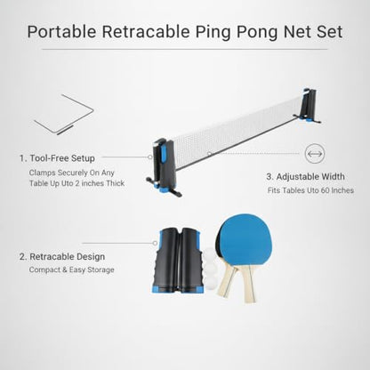 Portable Retractable Ping Pong Net Set with 2 Rackets & 3 Balls, Tool-Free Clamp for Any Flat Table - color: Black