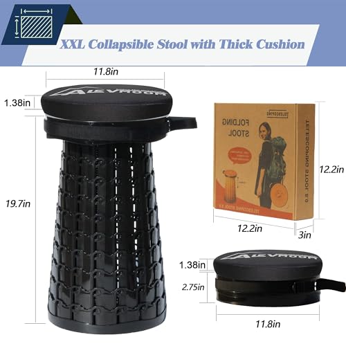 ALEVMOOM XXL Collapsible Stool with Thick Cushion,Taller 19.7" Wider 11.8" Camping Chair More Sturdy Capacity 1000LBS,Portable Telescoping Adjustable Stool for Garden Fishing Hiking BBQ (Large Black) - color: Large Black
