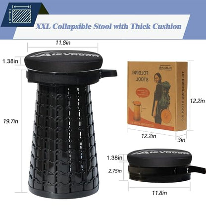 ALEVMOOM XXL Collapsible Stool with Thick Cushion,Taller 19.7" Wider 11.8" Camping Chair More Sturdy Capacity 1000LBS,Portable Telescoping Adjustable Stool for Garden Fishing Hiking BBQ (Large Black) - color: Large Black