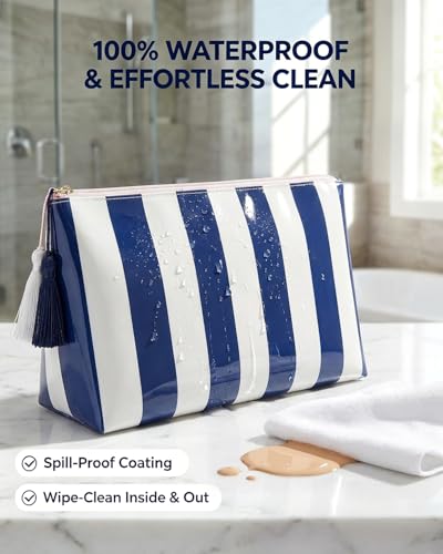 Navy Blue Striped CLear Sunscreen Makeup Bag for Beach,Large Waterproof Cosmetic Travel Pouch for Women,Preppy Aesthetic Toiletry Bag,Beach Pool Summer Essentials Bag For Women Girls(Navy Blue White) - color: Navy Blue White