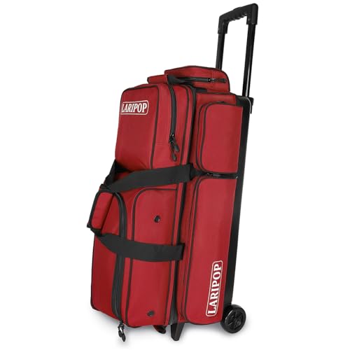 LARIPOP 3 Ball Bowling Bag with Wheels and Shoe Compartment, Rolling Bowling Bag for 3 Balls, Heavy Duty Bowling Roller Bag with Retractable Handle for Men Women - color: Red