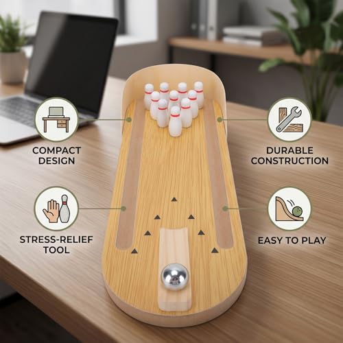 Zerodis Mini Bowling Game Set, Wooden Home Office Desk Toy Stress Reduce Decompression Gadget Compact Design Finger Sport Games Party Family Gathering for Adults Teens Kids
