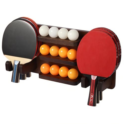 Ping Pong Paddle Holder, Ping Pong Paddle Storage Rack Wall Mounted Holds 8 Paddles and 12 Balls, Table Tennis Racket Display Organizer for Game Room,Home - color: Brown