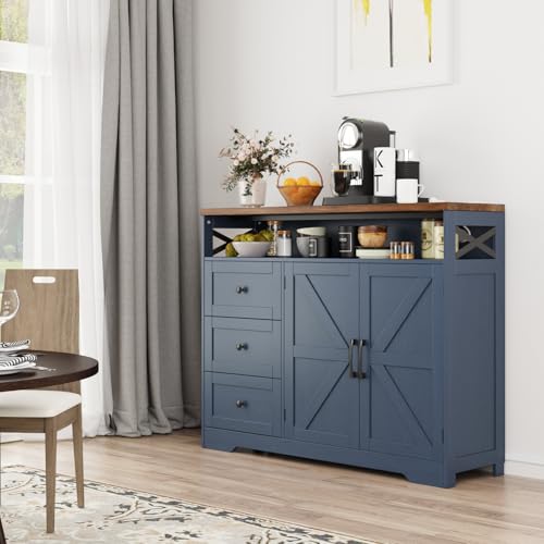 Befrases Farmhouse Buffet Cabinet with Drawers & Open Shelf, Sideboard with Storage, Kitchen Pantry Cabinet Hutch, Coffee Bar Station for Kitchen, Livingroom, 47" L Blue - color: Blue