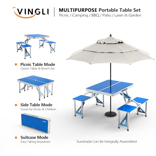 VINGLI 4Ft Portable Folding Picnic Table Camping Table Foldable Set with 4 Seats with Umbrella Hole Suitcase Card Table-220 Lbs Support Aluminum Frame, Plastic RV Tabletop for Yard, Travel-Green - color: Blue