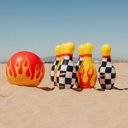Hot Wheels & FUNBOY Inflatable Checkered Flame Kids Backyard Bowling Set with Large Ball and Six Bowling Pins