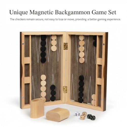 Plusvivo 13" Wooden Backgammon Set - Premium Beech Wood Foldable Board Game for Adults and Kids - Portable Strategy Game with 30 Magnetic Pieces and 2 Wooden Dice Shakers